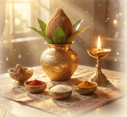 Authentic Vedic Puja Kalash, Diya, and sacred flowers for home ceremonies in Bangalore