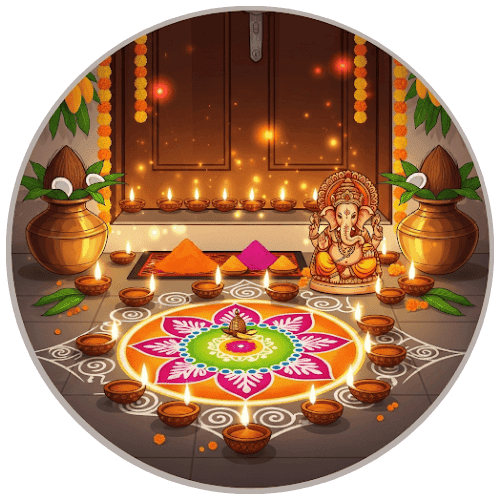 Auspicious Griha Pravesh Puja Kalash and Diya in a new home in Bangalore
