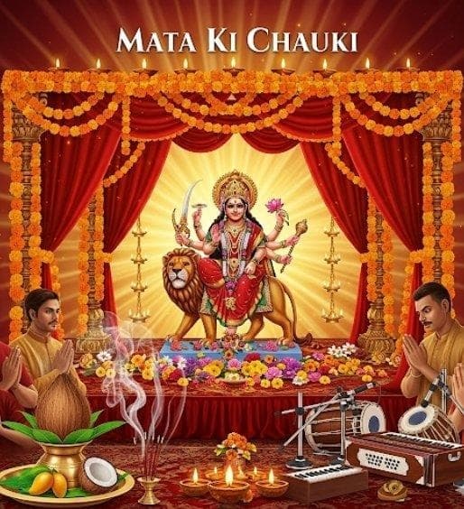 Devotional Mata Ki Chauki floral setup and Akhand Jyot in Bangalore